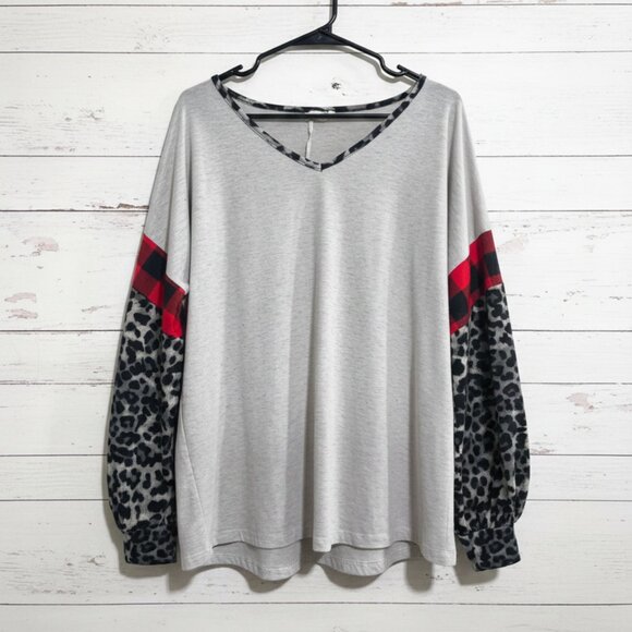 Grace & Emma XL Gray Plaid Leopard Print Mixed Media Long Sleeve Top - Picture 1 of 5